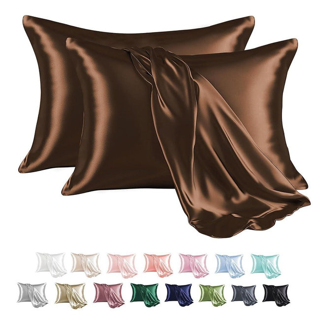 MR&HM Satin Pillowcase for Hair and Skin, Silk Satin Pillowcase 2 Pack, King Size Pillow Cases Set of 2, Silky Pillow Cover with Envelope Closure (20x40, Brown)