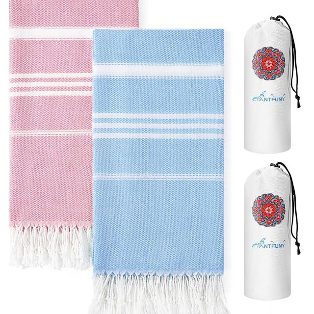 2 Packs Cotton Turkish Beach Towels Quick Dry Sand Free Soft Absorbent Extra Large Xl Big Blanket Adult Oversized Bath Pool Swim Towel Lightweight Thin Sandless Fast Drying Compact No Sand Packabl