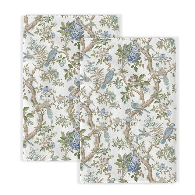 JEFERSO Chinoiserie Floral Kitchen Towels Blue Green White Flowers Bird Spring Dish Towels, 16x24 Inch Farmhouse Summer Holiday Decoration Absorbent Hand Towels for Kitchen Drying Decor Set of 2