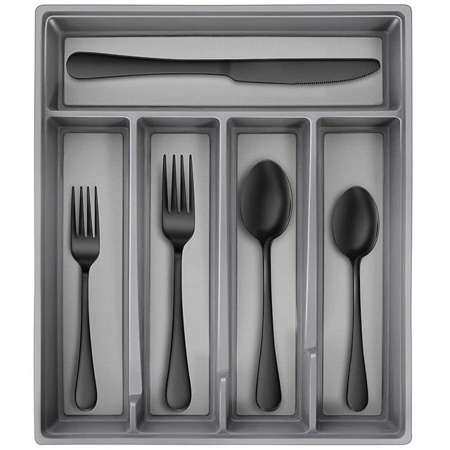 Hiware Black Stainless Steel Silverware Set with Tray Organizer, Mirror Finish, 20-Piece Flatware Cutlery Set Service for 4, Dishwasher Safe