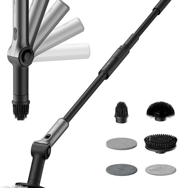 HOTO Flexi™ Cordless Electric Spin Scrubber, Adjustable Angle, Extendable Handle, Smart Display, IPX7 Waterproof, Powerful Cleaning Scrubber with 8 Replaceable Brush Heads, for Bathroom, Tile, Bathtub