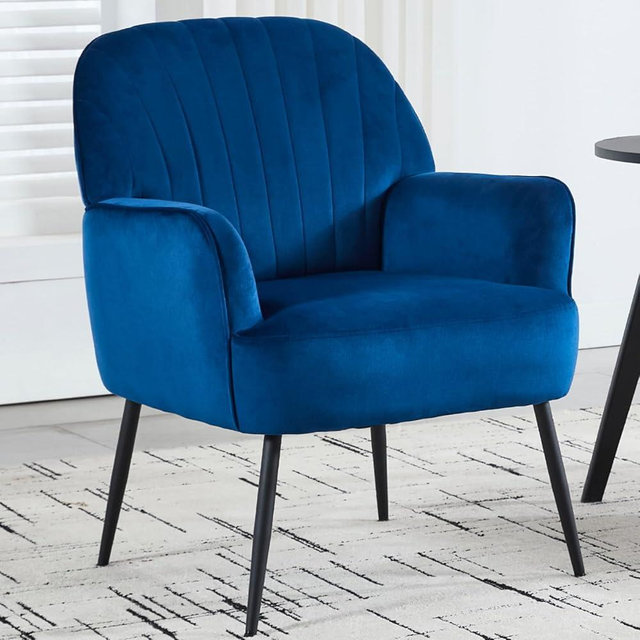 E-Motie Velvet Accent Chair, Modern Upholstered Single Sofa Side Living Room Chair, Comfy Reading Armchair with Metal Legs for Bedroom, Waiting Room, Office and Cafe, Blue