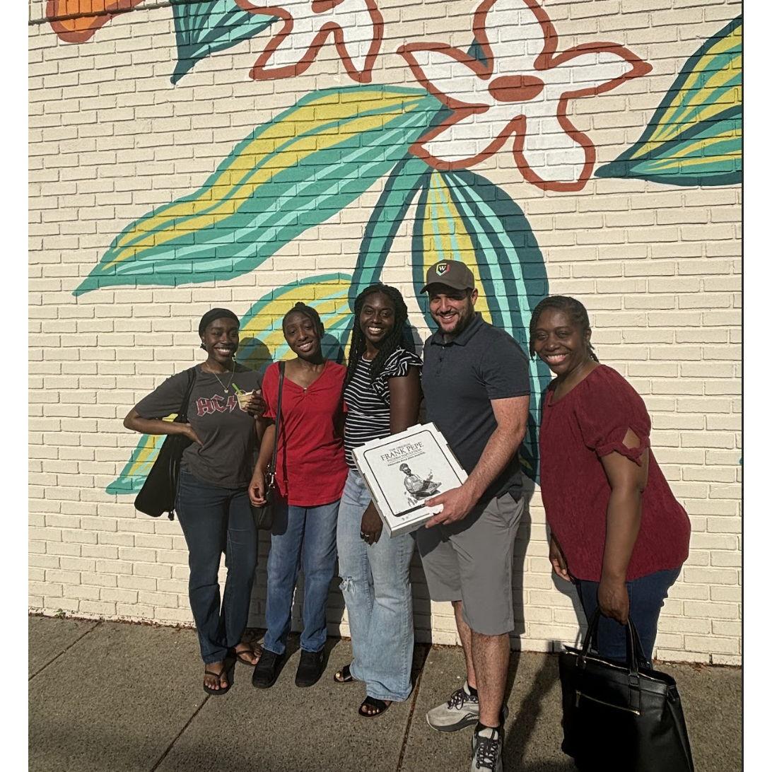 May 2024: Pizza with Jay's mom and sisters in New Haven!
