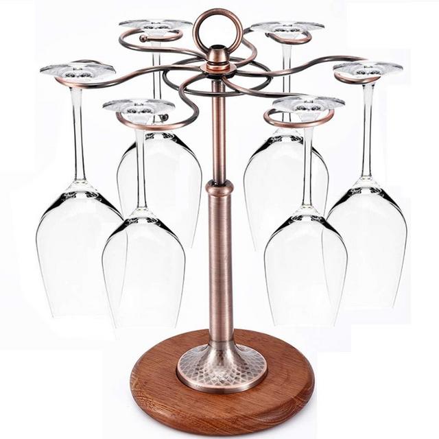 Jolitac Upgrade Wood Base Wine Glass Stand Racks With 6 Hooks Vintage Brass Stemware Holder Display For Tabletop Kitchen Home Cups Organizer Metal Stemwares Storage Racks (wine glass not include)