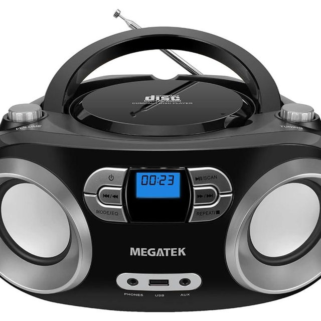 MEGATEK Portable CD Player Boombox with FM Radio, Bluetooth, and USB Port | Clear Stereo Sound | CD-R/RW and MP3 CDs Compatible | 3.5mm Aux Input and Headphone Jack | Backlit LCD Display - Black