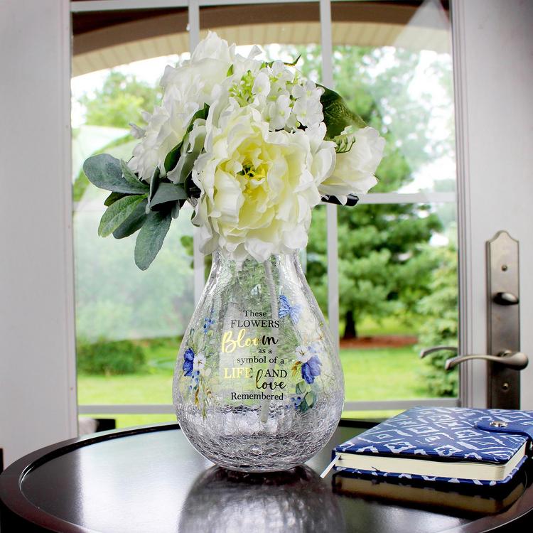 Lillian Rose, Crackle Glass Memorial Flower Vase with Sympathy