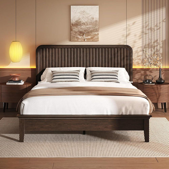 Lifezone Solid Wood Queen Size Bed Frame with Fluted Headboard, Walnut Japanese Bed Frame, Slats Support, Noise-Free, Sturdy Structure, Easy Assembly