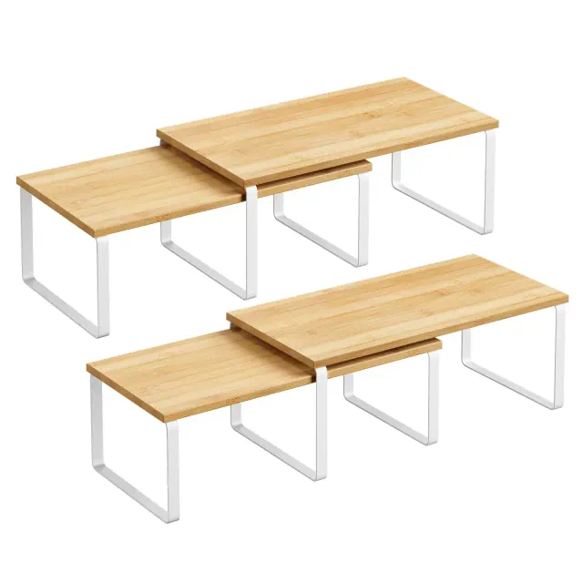 SONGMICS Cabinet Organizer Shelf, Set of 4 Kitchen Counter Shelves, Kitchen Storage, Spice Rack, Stackable, Cloud White and Natural Beige