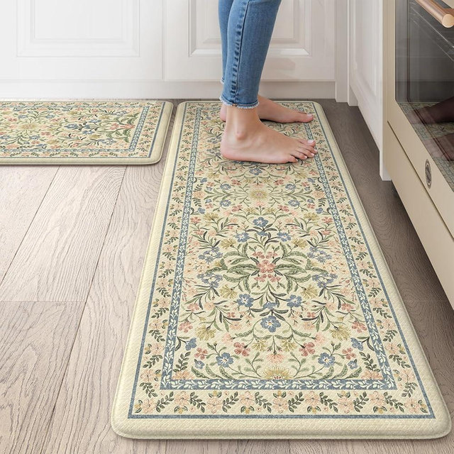 Collive Anti Fatigue Mat for Kitchen Floor, Waterproof Non Slip Floral Kitchen Rugs Set of 2, Beige Cushioned Sink Mats Comfort Modern Standing Rug for Office, Sink, Laundry, Desk, 17"x29"+17"x47"