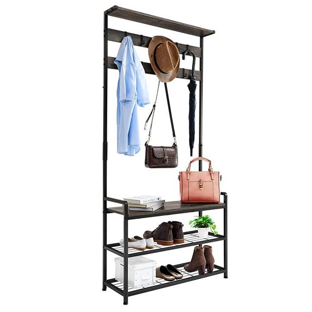 Mr IRONSTONE Hall Tree 3-in-1 Coat Rack Shoe Bench Entryway Storage Shelf Bench (Granite Grey)