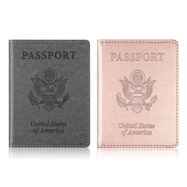 2 Pack Passport and Vaccine Card Holder Combo, Passport Holder with Vaccine Card Slot, PU Leather Passport Wallet Passport Cover Case for Women Men (Grey & Pink)