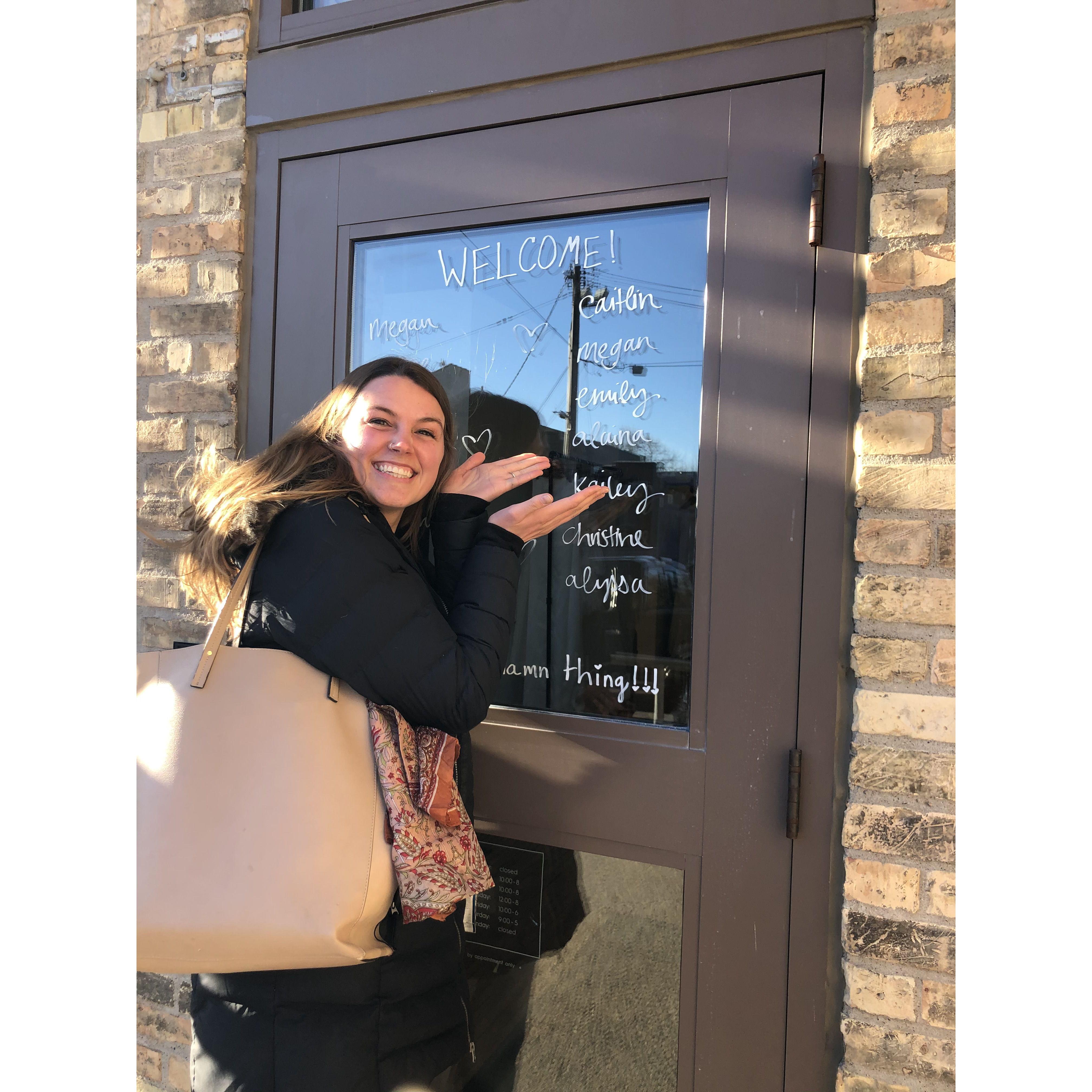 Alaina outside the first of two bridal boutiques visited with her sister, Anna, her Mama, Michelle, and her future Mama-in-law, Lene - Minneapolis, February 2023