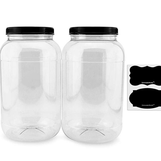Cornucopia Brands Gallon Plastic Jars (2-Pack); Clear Round Containers with Black Ribbed Lids, BPA-Free 4-Quart Large Size