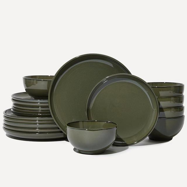Pokini 18 Piece Dinnerware Set for 6, Reactive Glaze Terracotta Plates and Bowls Set, Large Family-Sized Stoneware Dish Set for Gatherings, Chip and Scratch Resistant, Blackish Green