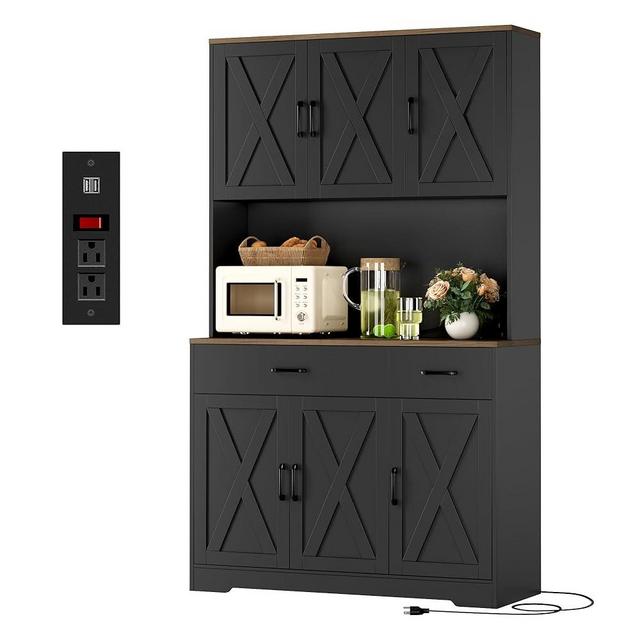 HOSTACK 71" Pantry Cabinet with Charging Station, Tall Kitchen Pantry Storage Cabinet with Microwave Stand, Farmhouse Kitchen Hutch with Storage Drawers for Living Room, Dining Room, Black