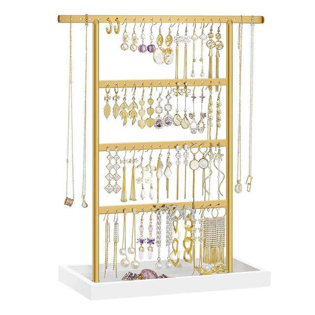 SONGMICS Jewelry Organizer, 4-Tier Earring Holder Organizer Stand with Base Tray, for Studs and Necklaces, Vintage, Christmas Gift, White and Gold Color UJJS019A01