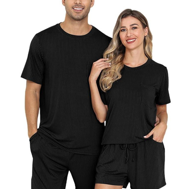 EISHOPEER Matching Pajamas for Couples 2 Piece Lounge Set Ribbed Knit Pajama Matching Tops and Shorts Soft Sleepwear S-XXL