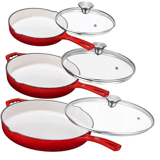 Enemeled Cast Iron 3 Piece Skillet Bundle. 12” + 10” + 8” Set - Cast Iron Frying Pans Heavy Duty Chef Quality Pan Cookware Set With Tempered Glass Lids & Silicone Sleeve, Red