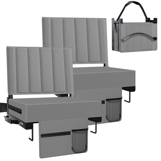 Aliphon Stadium Seat for Bleachers with Back Support and Cushion, Bleacher Seats with Shoulder Strap and Cup Holder, Padded Portable Folding Comfort Stadium Chair, for Sports Events, Grey (2pcs)