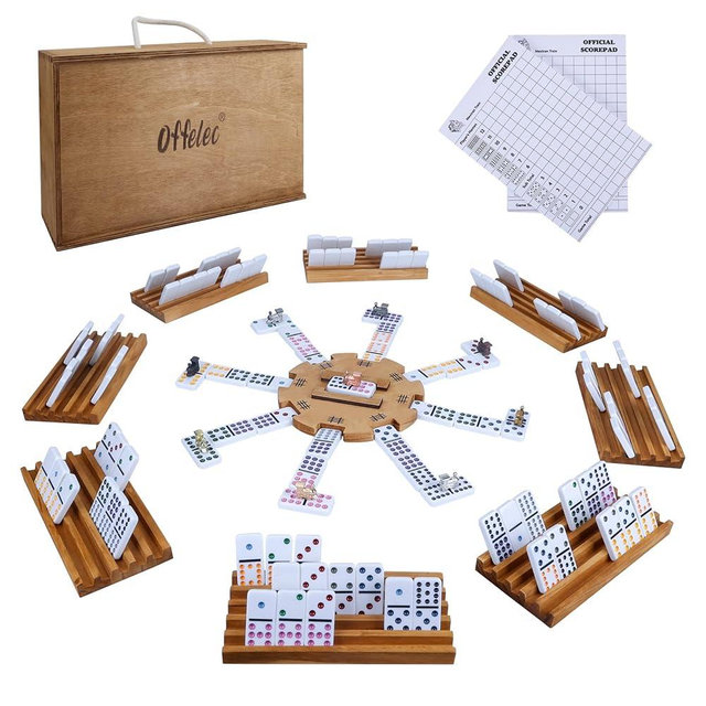 Offelec Mexican Train Double 12 Dominoes Set with Wooden Box, Domino Tile Board Games with 8pcs Trays, 9 Markers, 91 Tiles, 2 Scoreboards and Hub - Dominos Set for Adults Kids and Family Game Night