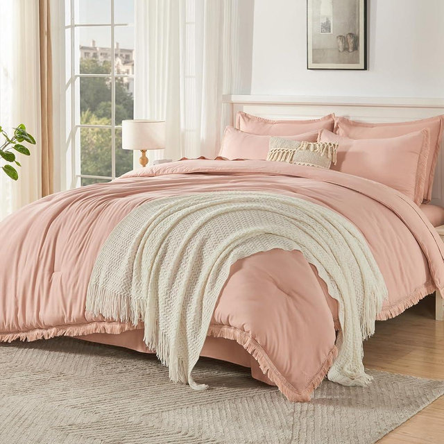 Andency Pink King Size Comforter Set with Sheets - 7 Pieces Boho Tassel Bed in a Bag Soft Lightweight Bedding Sets, Pink Fringe Bed Set with Comforter, Sheets, Pillowcases & Shams