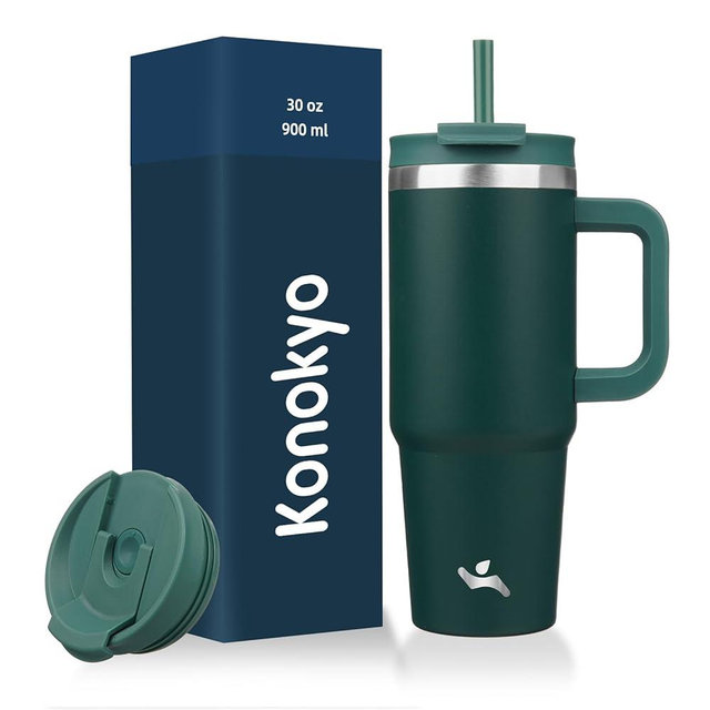 Konokyo 30 oz Tumbler with Handle and 2 Straws,2 in 1 Lid Insulated Water Bottle Stainless Steel Travel Coffee Mug,Dark Green