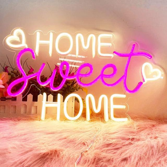 Home Sweet Home Neon Sign for Wall Décor, LED Home Sweet Home Heart Neon Light-3D Word Art Romantic Décor for Living Room Apartment, Bedroom, Front Door, Entryway, Housewarming Gift, Bride Party Decoration, 20IN-by Colysor, Warm White& Pink