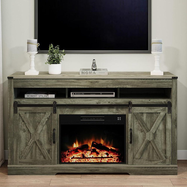 May in Color Fireplace TV Stand for 65+ Inch TV, Farmhouse Entertainment Center with 23" Electric Fireplace with Remote, Modern Rustic TV Console with Sliding Bar Door for Living Room,Light Grey