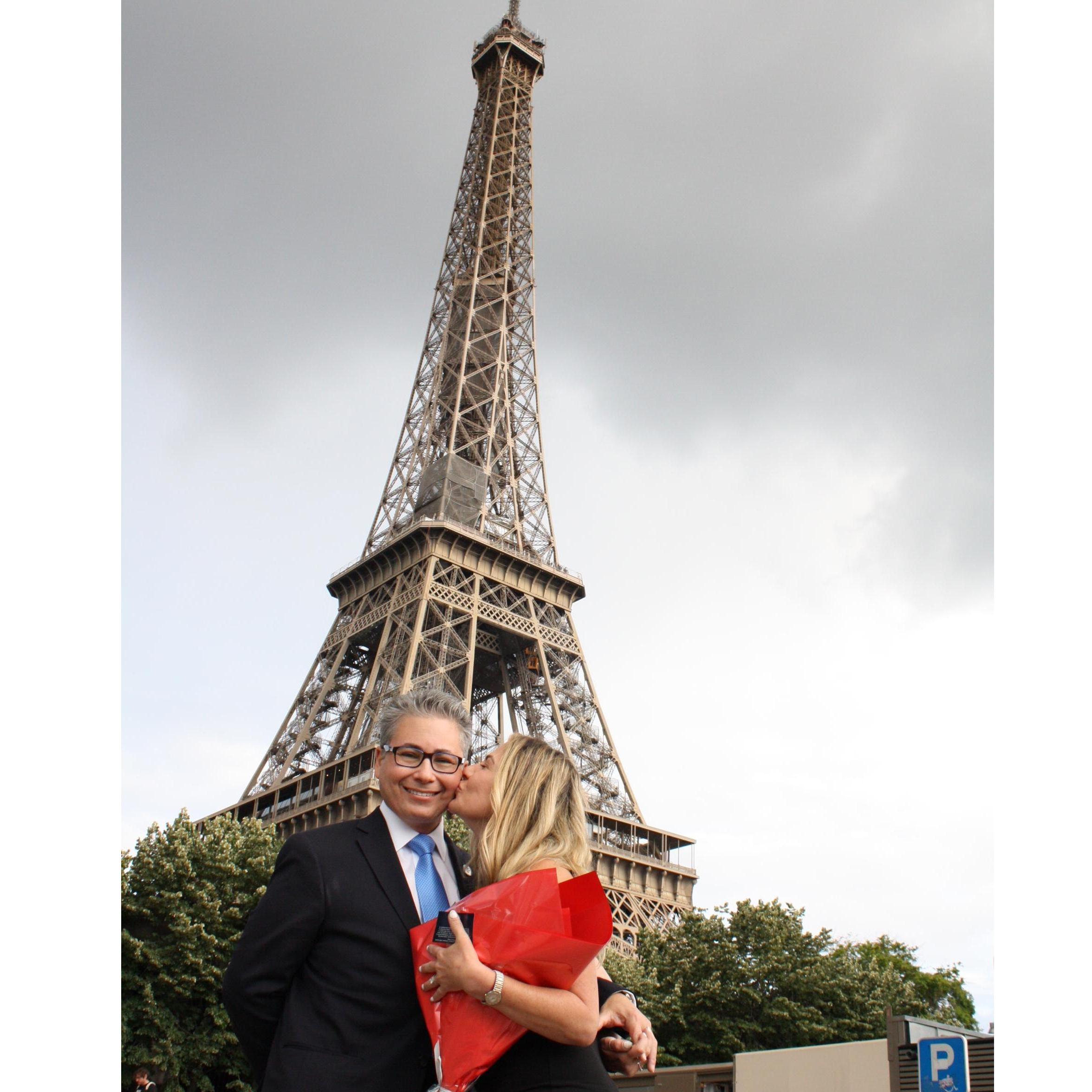 After the proposal, at the Eiffel Tower heading to our dinner cruise on the Seine River.