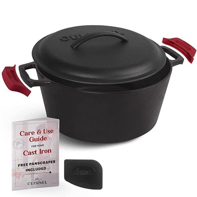 Cast Iron Dutch Oven - 5-Quart Deep Pot + Lid + Pan Scraper + Handle Cover Grips - Large Pre-Seasoned Cooker for Baking Bread, Soup, Frying - Indoor/Outdoor Kitchen, Camping, Fire, BBQ Safe Cookware