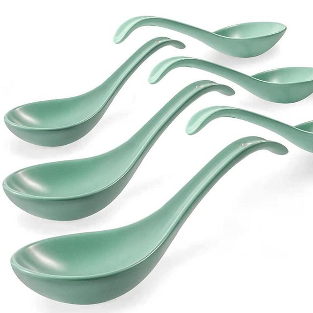 Artena 6.75 inch Solid Asian Soup Spoon Set of 6,Ultra-fine Porcelain Japanese Soup Spoon, Ramen Spoons for Pho Noodles Miso, Chinese Soup Spoons for Dumpling Wonton Cereal, Deep Oval Hook Design-Teal