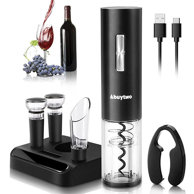 Electric Wine Opener, Abuytwo Automatic Wine Bottle Opener Cordless Corkscrew Remover with Foil Cutter Vacuum Pump Preservation Stopper Aerator Pourer Wine Lovers Gift Set USB Rechargeable
