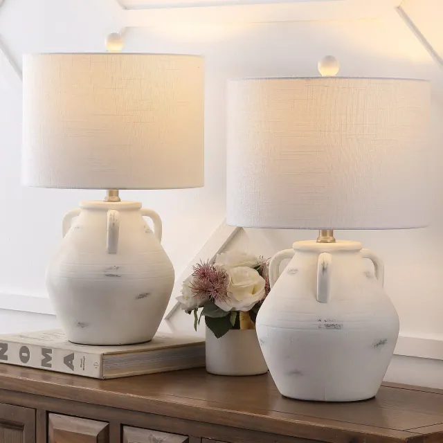 JONATHAN Y Altea 20.5" Rustic Coastal Pottery Jar LED Table Lamp, White