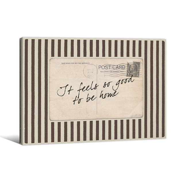 Vintage Postcard Wall Art - It Feels So Good to Be Home Striped Typography Cozy Sentimental Canvas Decor Neutral Rustic Retro Home Quote Poster Brown Ready to hang 8x10in Wrapped Framed