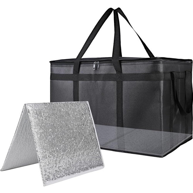 Bodaon 1PK Thermal Insulated Food Delivery Bag with Hard Bottom - 3X-Large Catering Cooler Bag for Hot and Cold Meals - Ideal for Commercial Pizza Transport, Grocery, Restaurants, and Events. Black