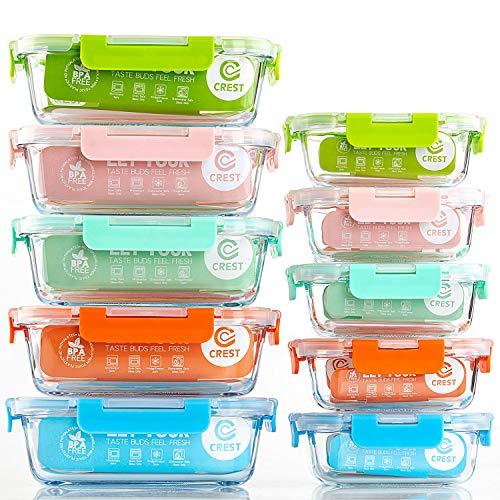 [10-Pack] Glass Food Storage Containers (A Set of Five Colors), Meal Prep Containers with Lids for Kitchen, Home Use - Airtight Glass Lunch Boxes