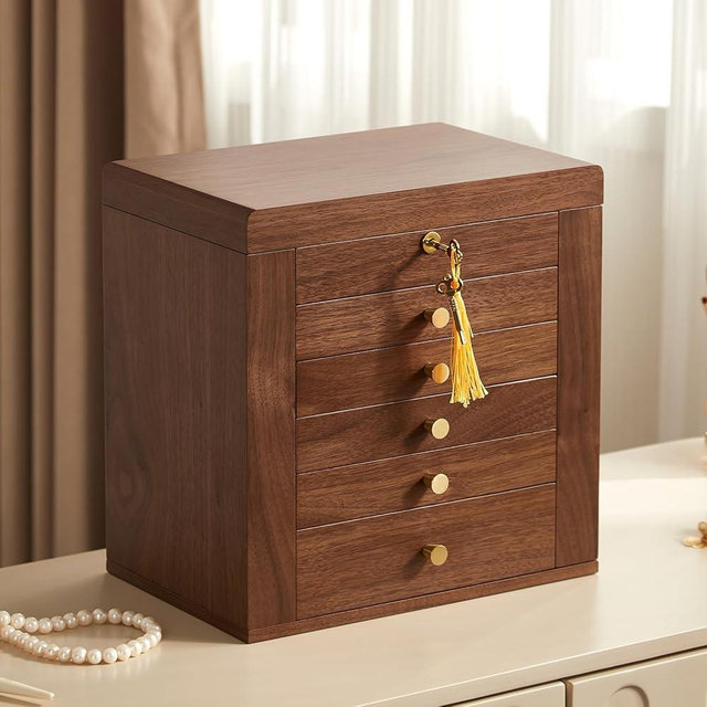 Homruilink Black Walnut Wooden Jewelry Box, Wood Jewelry Organizer with 2 Side Doors Mirror Lockable Classical Style for Watch Necklace Ring Earring Storage Gifts-6 Layer