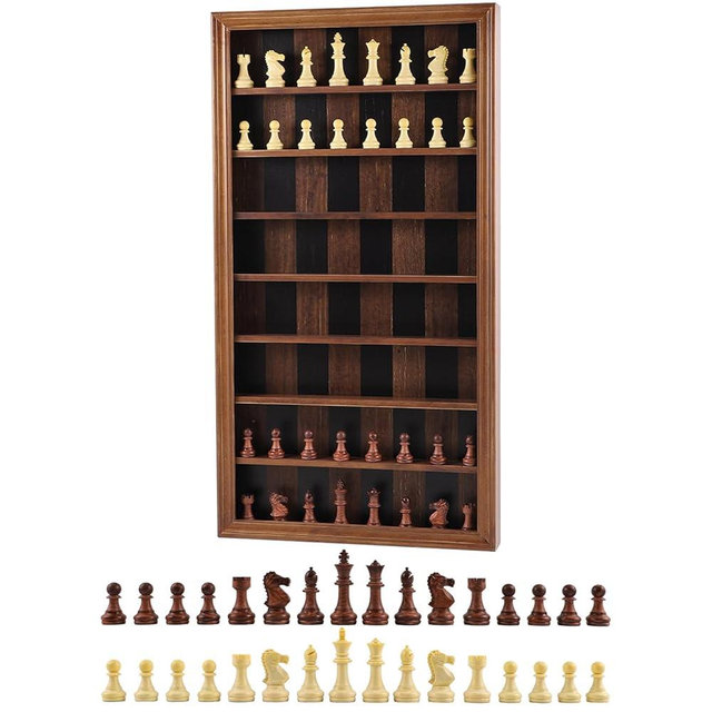 Giant Wall Mounted Board Game Wooden Chess Game Set with A Complete Set of Carved Chess Pieces Vertical Display Cabinet for Home Games Hanging Art Home Decoration (Burnt Color)