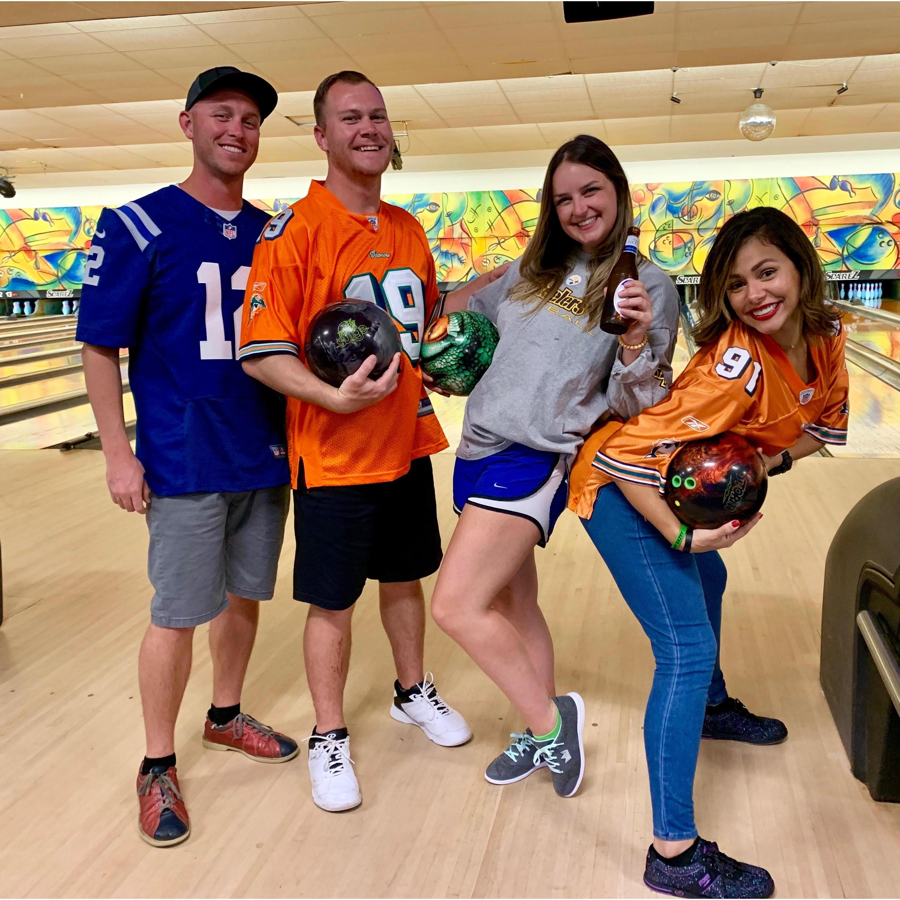Joe and Jordan have a hobby together: bowling! We joined a "beer league" in the area and throughout the seasons have included various friends, bought our own shoes and balls, and scored Turkeys!