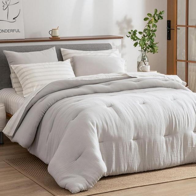 SHALALA Cotton Gauze Comforter Bedding Sets,Gray Seersucker Comforters for Queen Bed,Soft Warm Bed Sets with Comforter Set and Gray Striped Sheet Sets(Full/Queen,Grey,7pcs)