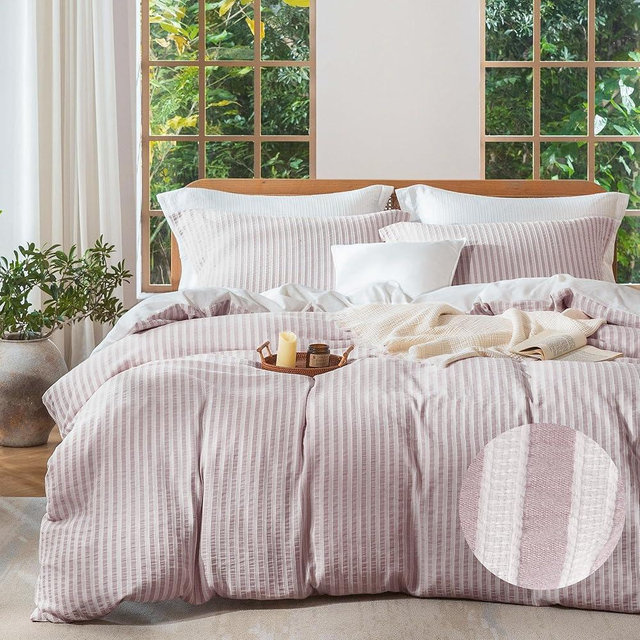 MILDLY Jacquard Stripe Duvet Cover - 100% Washed Cotton Pale Mauve Boho Textured Comforter Cover 3pcs with Zipper Closure 104"x90"