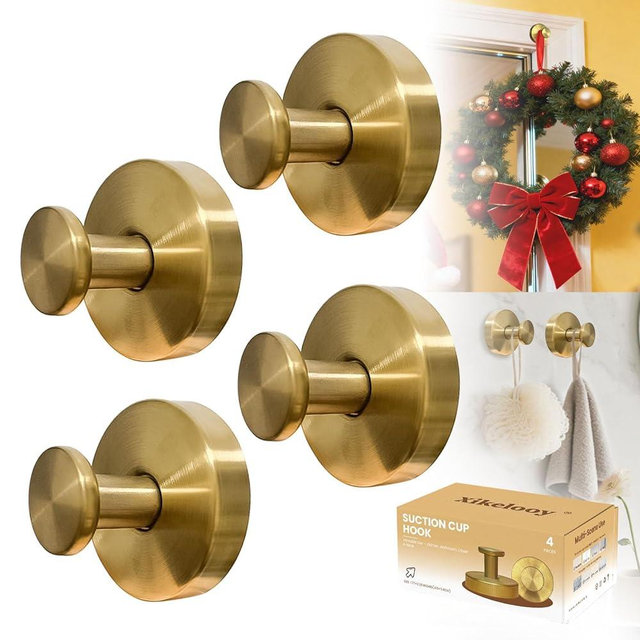 Xikelooy Suction Cup Hooks, Suction Cup Hooks for Shower,Removable Towel Hooks for Bathroom Window Glass Door Wall, Bath Robe Looafh Wreath Hook for Hanging (Gold)