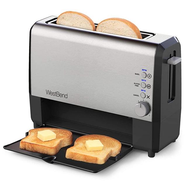West Bend 77222 Toaster 2 Slice QuikServe Wide Slot Slide Through with Bagel and Gluten-Free Settings and Cool Touch Exterior Includes Removable Serving Tray, Silver