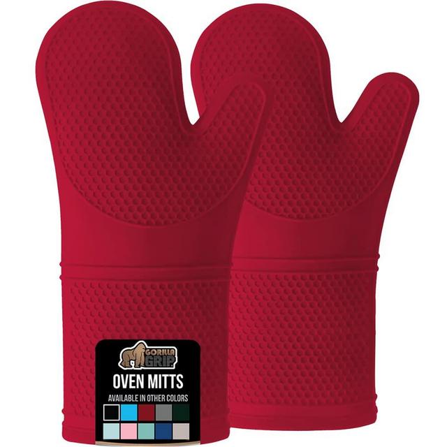 Gorilla Grip Extra Long Heat Resistant Silicone Oven Mitts Set, Soft Quilted Lining, Waterproof Flexible Gloves for Cooking and BBQ, Kitchen Mitt Potholders, Easy Clean, Set of 2, 14.5 Inch, Red