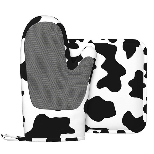 Silicone Oven Mitts and Pot Holders Sets, Home Cow Print Heat Resistant BBQ Gloves for Kitchen Baking Cooking Grilling Microwave