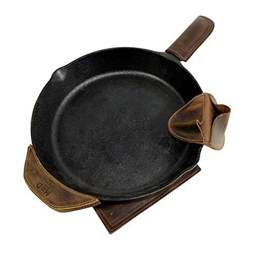 Hide & Drink, Leather Hot Handle Holders (Set of 4), Panhandle, Side Kick, Grip Mitt & Square Pot Holder for Cast Iron Skillets & Pans, Double Stitched Home & Kitchen Essential :: Bourbon Brown