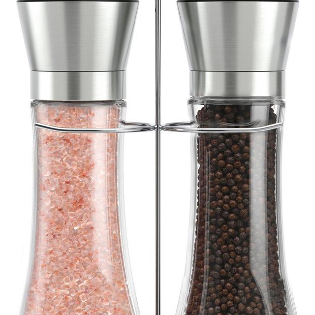 Original Stainless Steel Salt and Pepper Grinder Set With Stand - Tall Salt and Pepper Shakers with Adjustable Coarseness - Salt Grinders and Pepper Mill Shaker Set