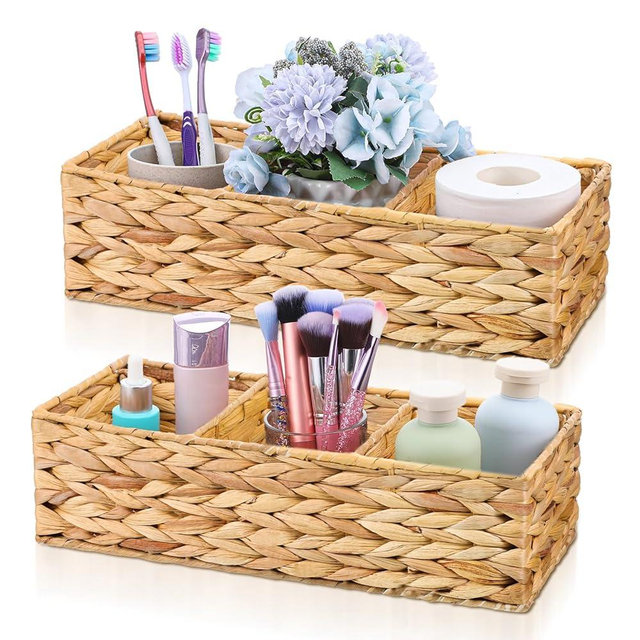 WLLHYF 3-Section Wicker Baskets Water Hyacinth Storage Bin Bedroom Decor Basket Toilet Paper Holder Handwoven Desk Organizer Rectangle Container for Vanity Bathroom Pantry Coffee Table Decor