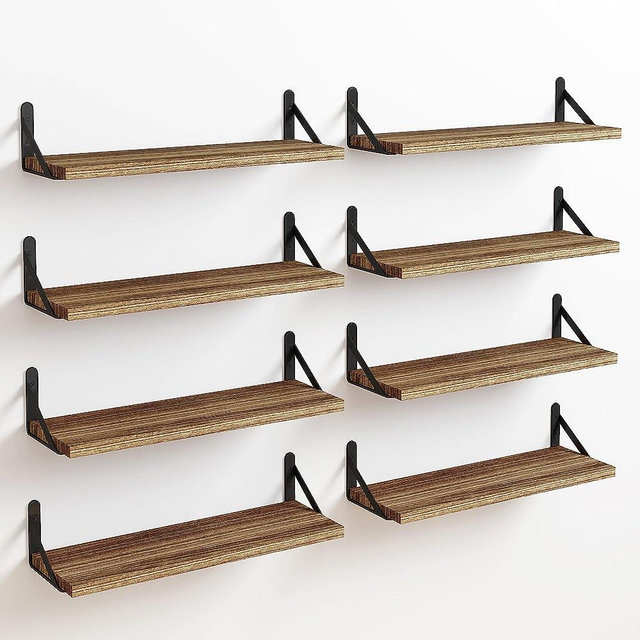Fixwal Floating Shelves Wall Shelves Width 4.7in Rustic Wood Set of 8, Wall Storage Shelves for Bedroom, Living Room, Kitchen, Bathroom, Office and Plants (Carbonized Black)