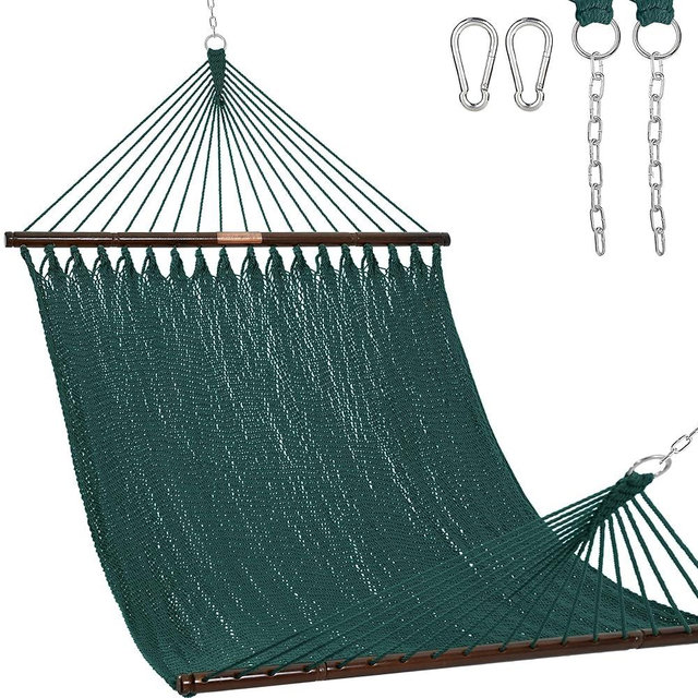Lazy Daze Hammocks 10.5 FT Double 2 Person Caribbean Rope Hammock, Hand Woven Polyester Hammock with Spreader Bars, for Outside Outdoor Backyard Patio Poolside, 450 LBS Capacity, Green